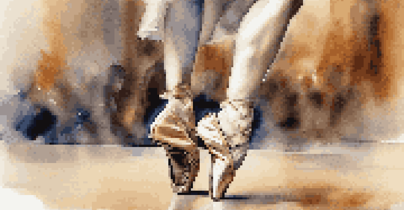 A close-up of a dancer's feet in motion, highlighting the shoes and dance floor texture, with a blurred background of a lively performance.