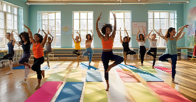 A group of diverse students participating in a dance therapy session in a brightly lit studio, expressing joy and creativity through movement.