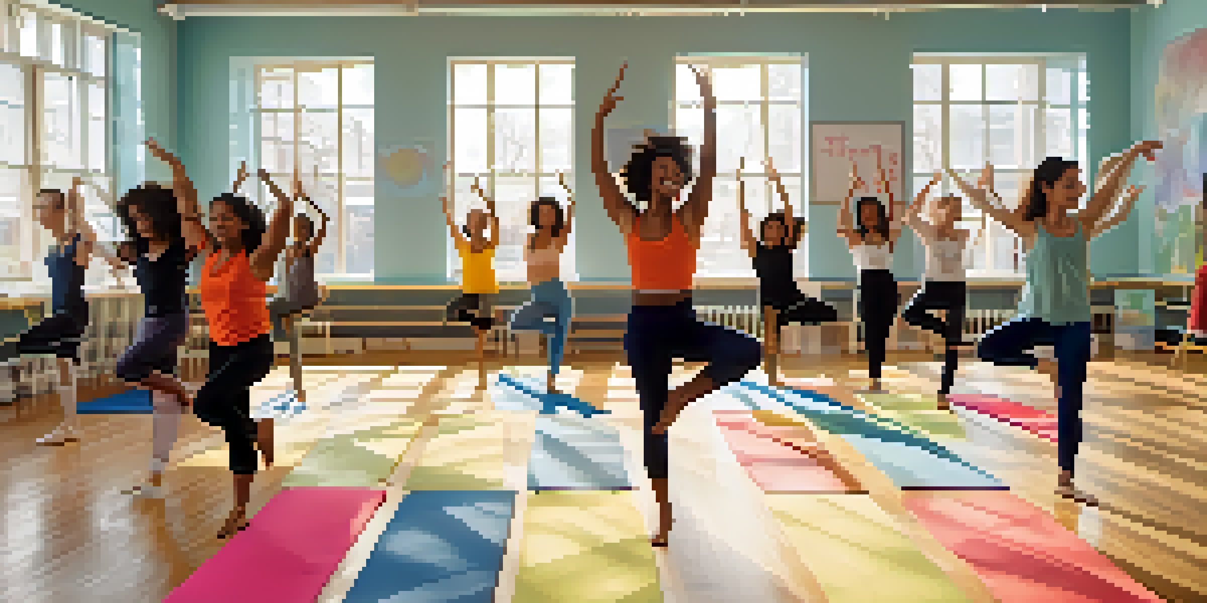 A group of diverse students participating in a dance therapy session in a brightly lit studio, expressing joy and creativity through movement.