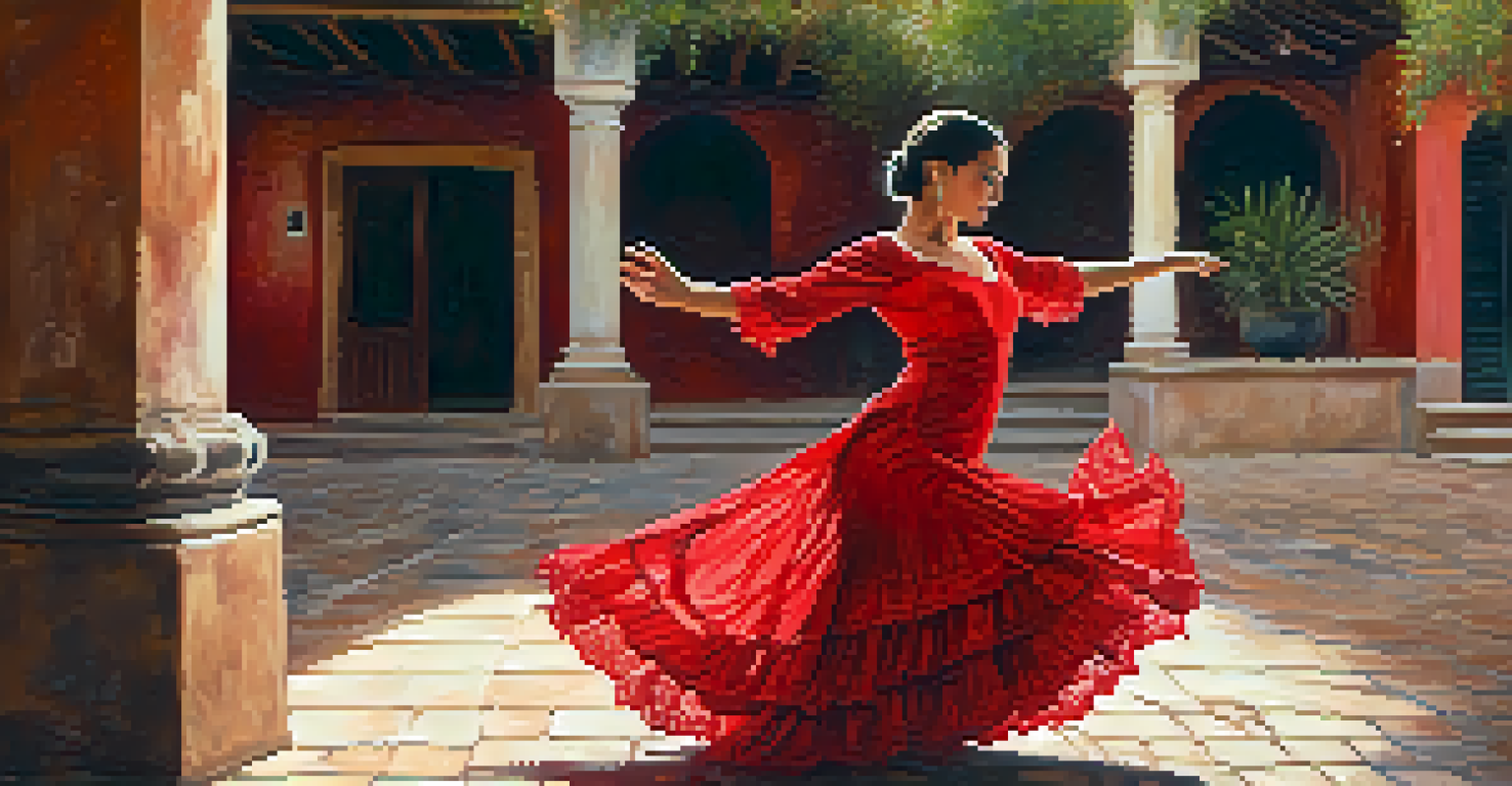 A Flamenco dancer in a red dress performing passionately in a rustic Spanish courtyard.