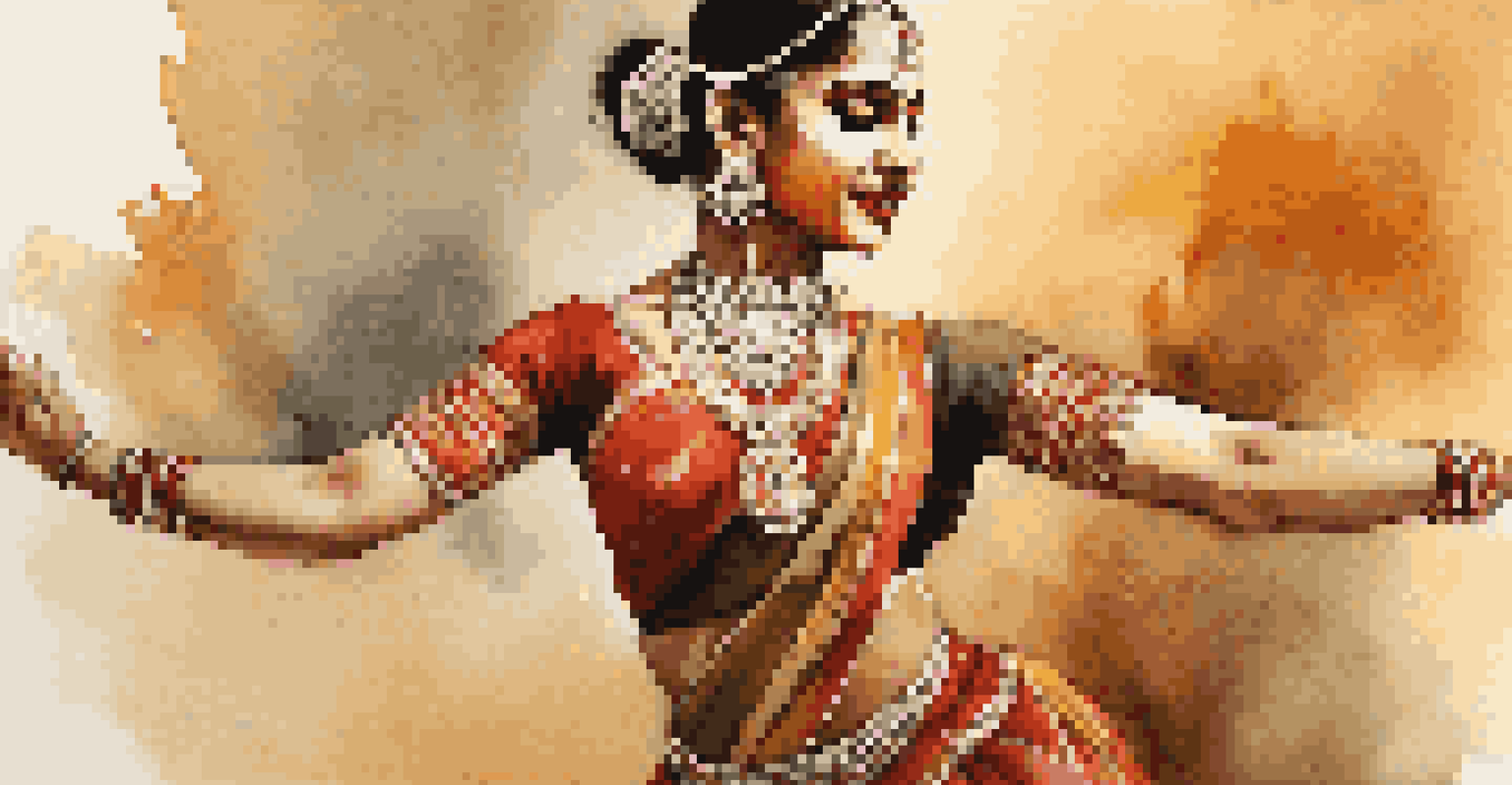 A female dancer performing Bharatanatyam in a colorful traditional costume, showcasing emotion and intricate hand gestures.