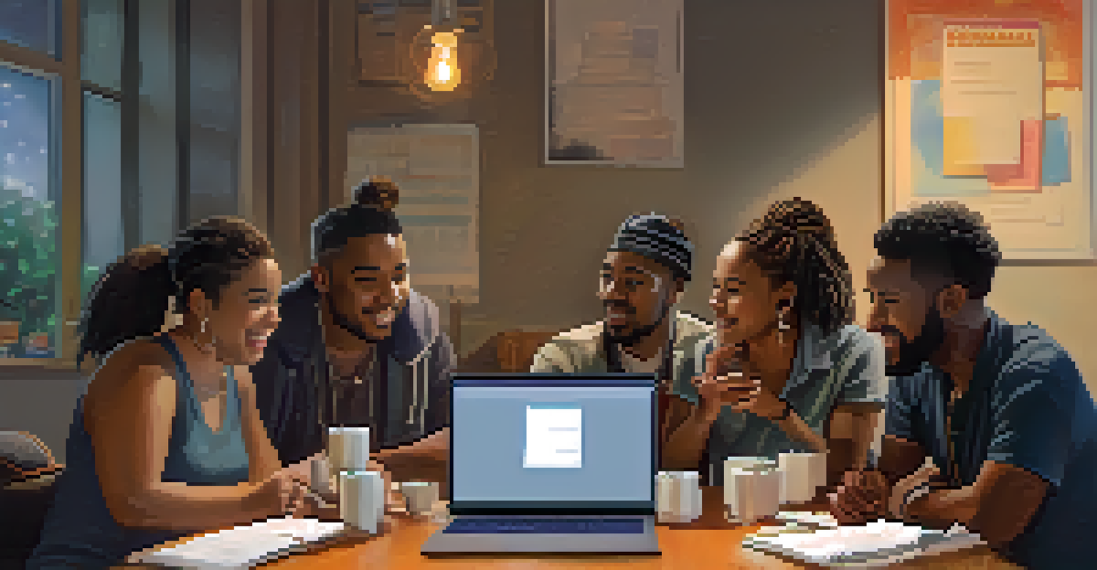 A diverse group of performers and crew discussing a rehearsal schedule on a laptop, with a warm, collaborative atmosphere.