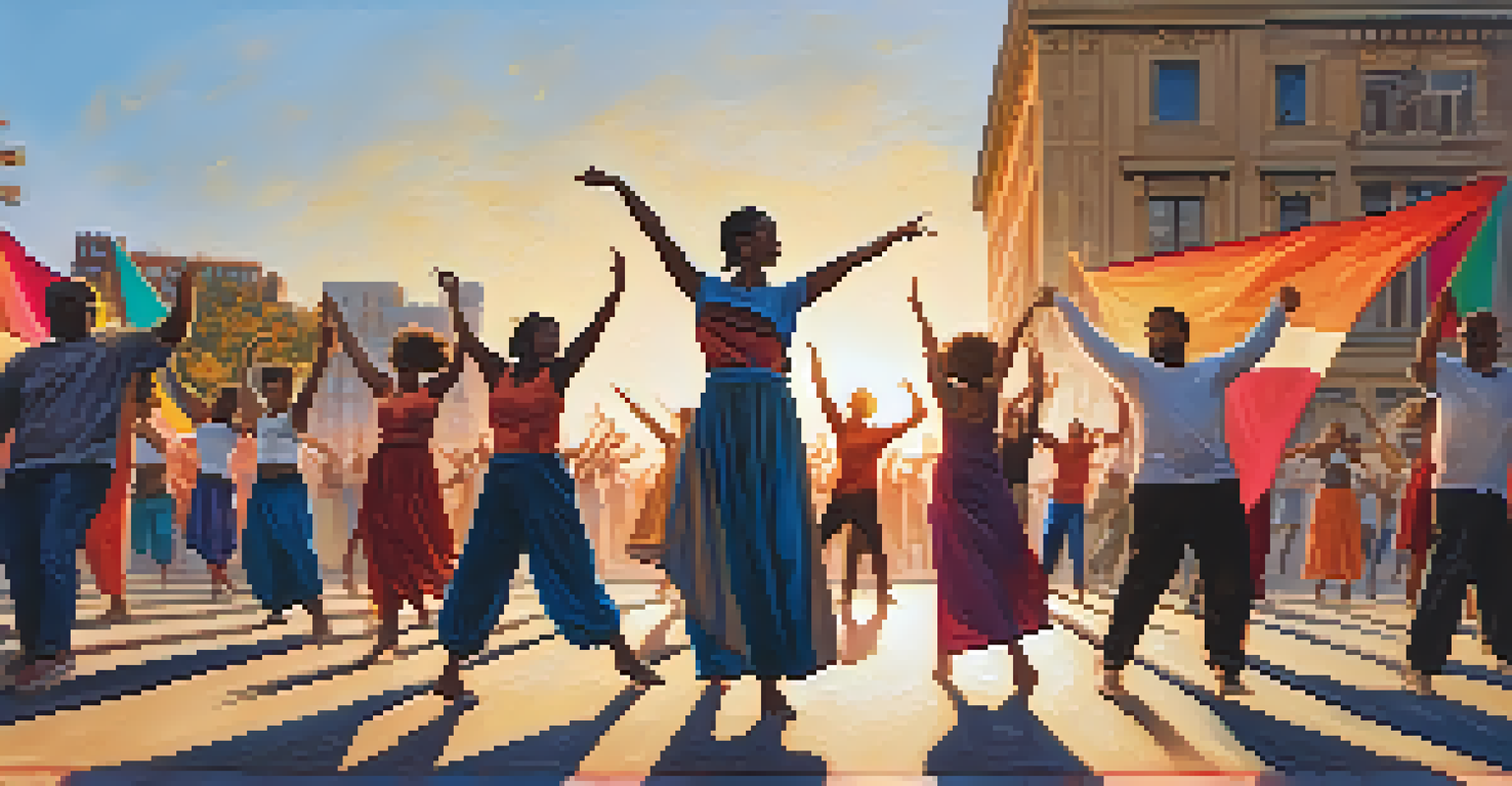Dancers of diverse backgrounds performing a choreographed protest in a public square, holding banners that promote justice and equality, with a warm sunset in the background.