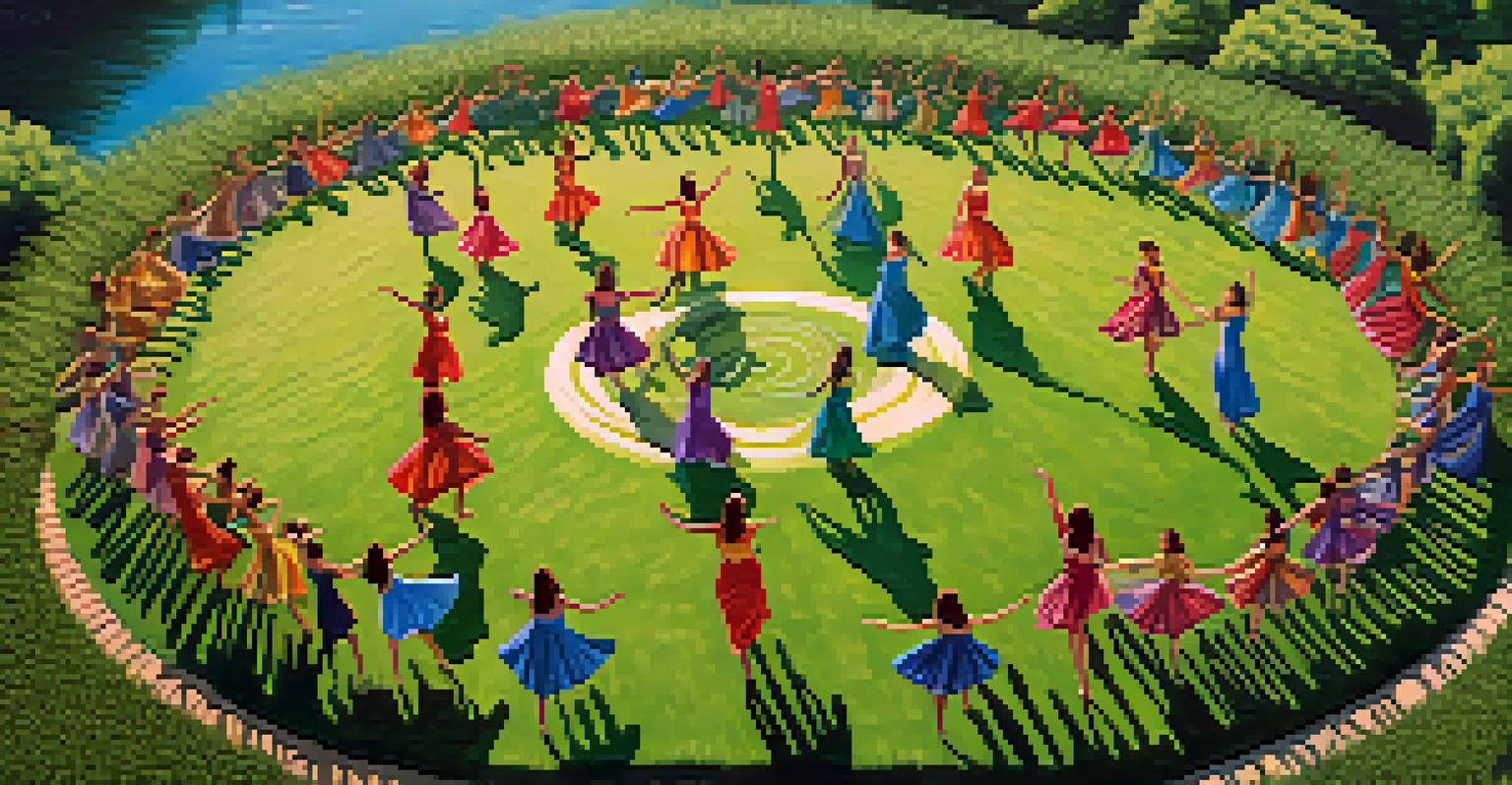 An aerial view of a circle of dancers in colorful costumes performing in a lush outdoor setting, surrounded by nature.