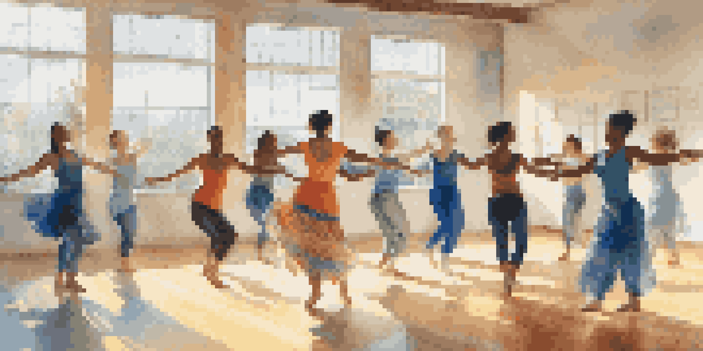 A group of diverse individuals engaged in a dance therapy session in a sunlit studio, expressing emotions through movement.