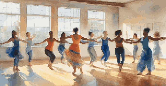 A group of diverse individuals engaged in a dance therapy session in a sunlit studio, expressing emotions through movement.