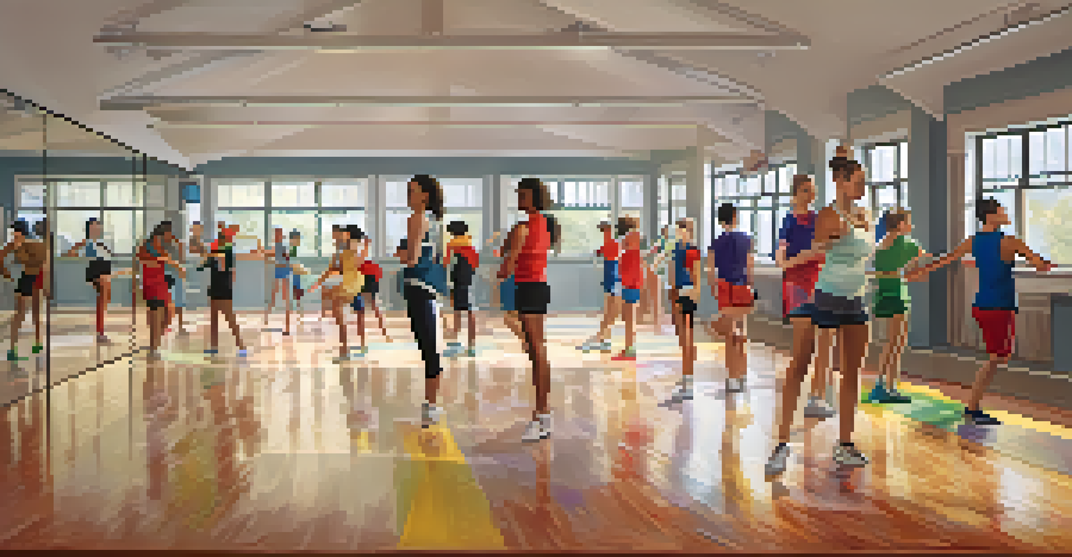 Athletes from various sports participating in a dance class in a bright indoor studio with mirrors.