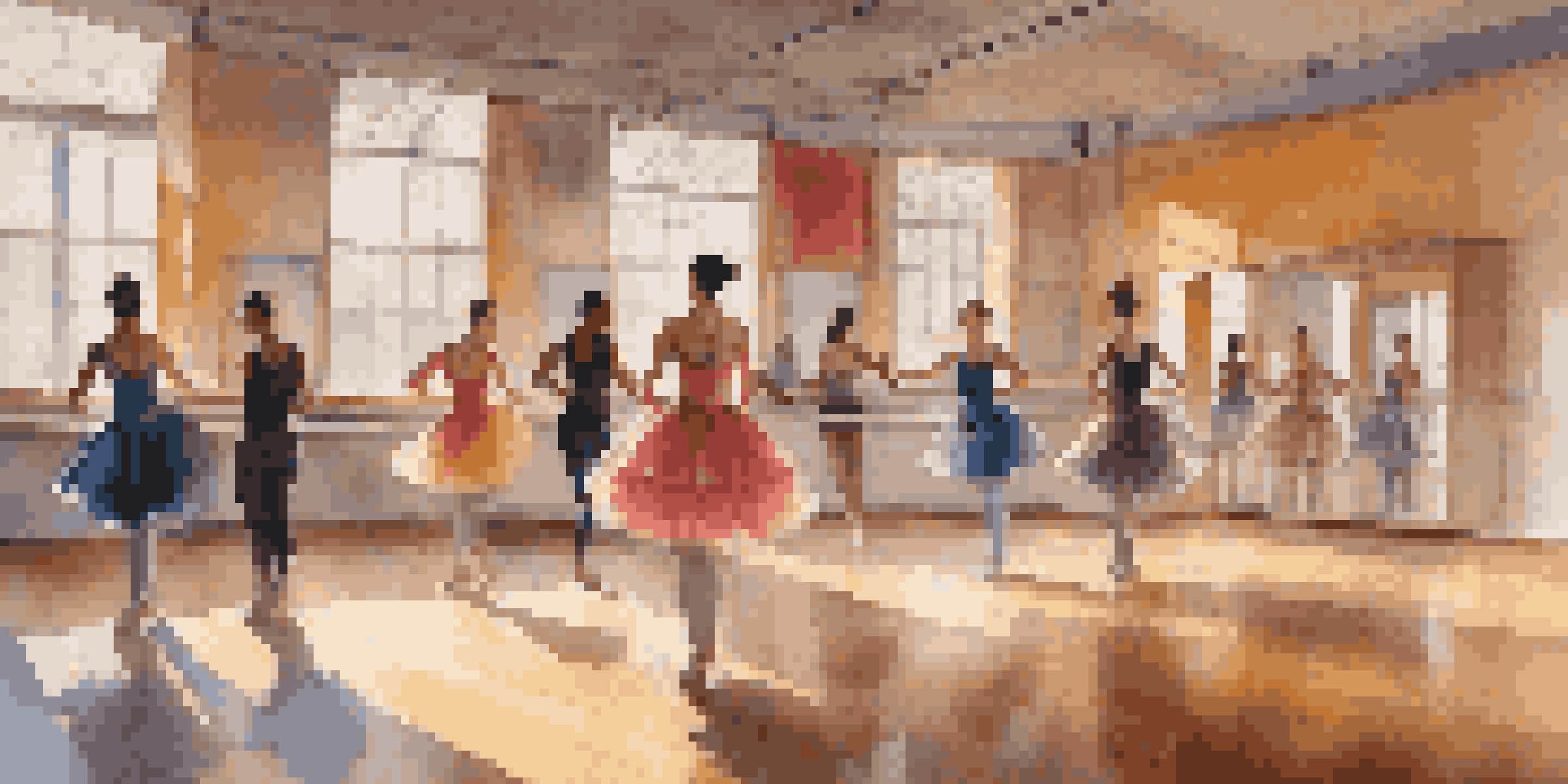 A choreographer and costume designer in a dance studio, discussing movements with colorful fabric swatches around them.