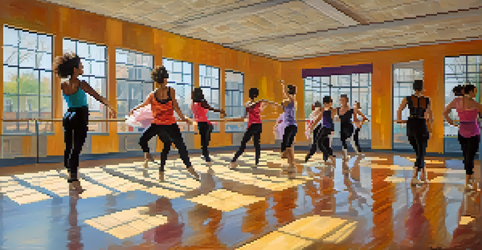 A lively dance studio with diverse dancers practicing contemporary dance, surrounded by mirrors and natural light.