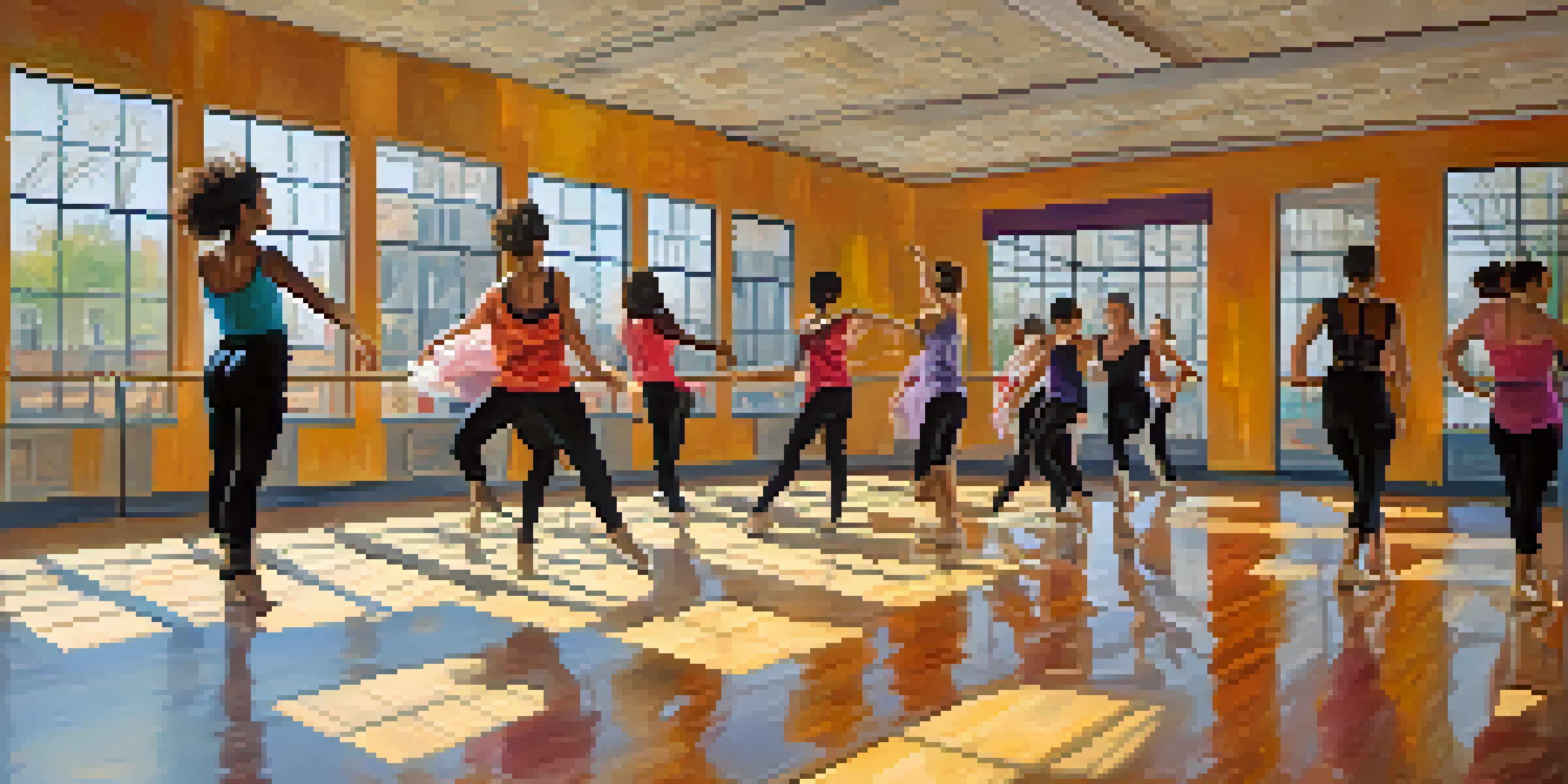 A lively dance studio with diverse dancers practicing contemporary dance, surrounded by mirrors and natural light.