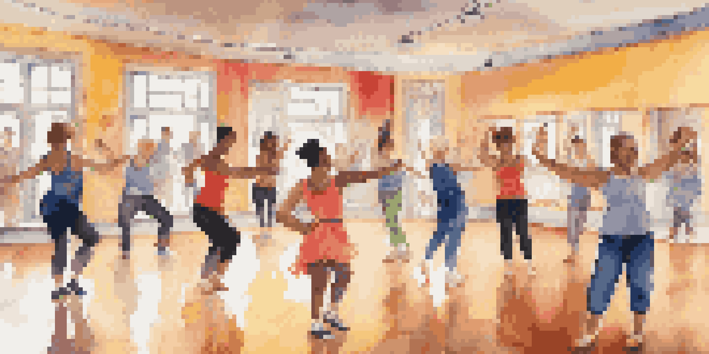 A lively dance class with diverse participants enjoying learning choreography in a brightly decorated studio.