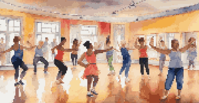 A lively dance class with diverse participants enjoying learning choreography in a brightly decorated studio.
