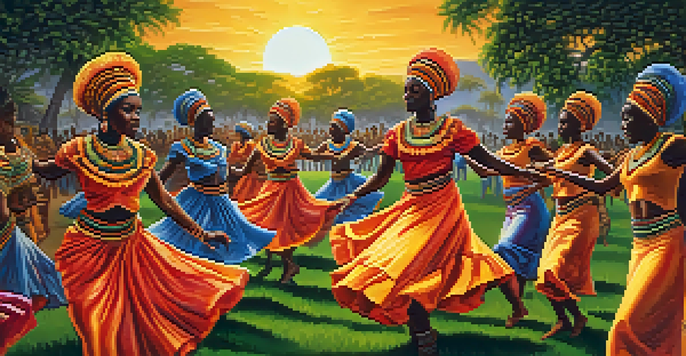 A group of dancers in colorful costumes performing a traditional African dance outdoors during sunset.