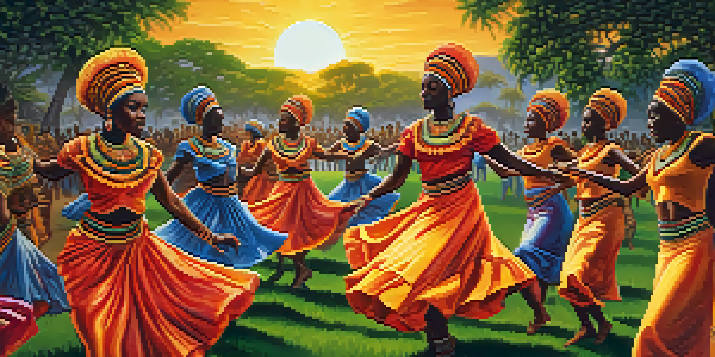 A group of dancers in colorful costumes performing a traditional African dance outdoors during sunset.