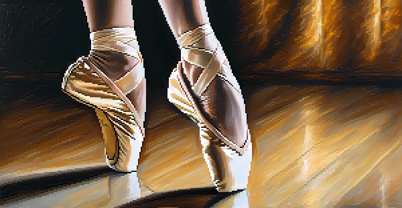 Close-up of a dancer's feet in ballet shoes in a graceful pose on stage, with a blurred background and warm golden lighting.