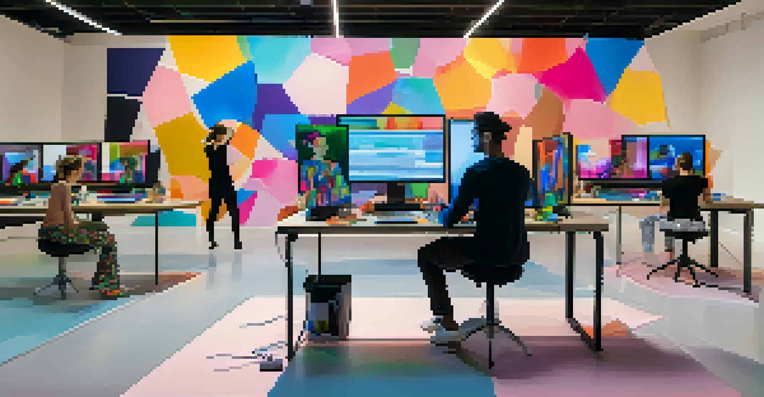 An artist in a dance studio using AI software to create choreography, with a vibrant and inspiring environment.
