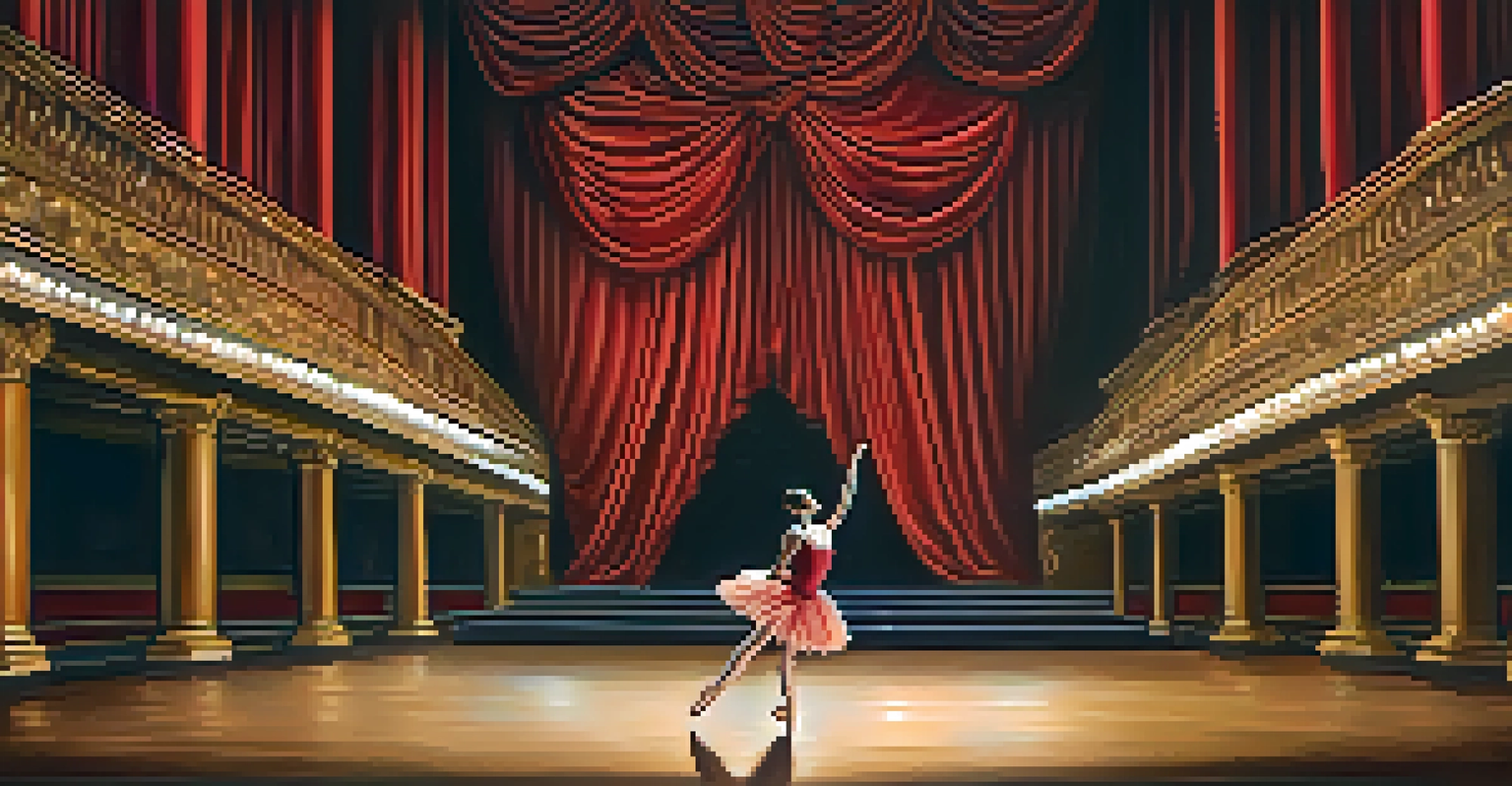 A ballet dancer en pointe on a theater stage, with red curtains and warm lighting, showcasing a dramatic and emotional performance.
