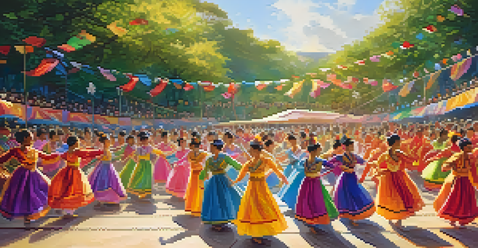 A lively outdoor dance festival with dancers in traditional costumes performing on stage, surrounded by cheering spectators and lush greenery under warm sunlight.