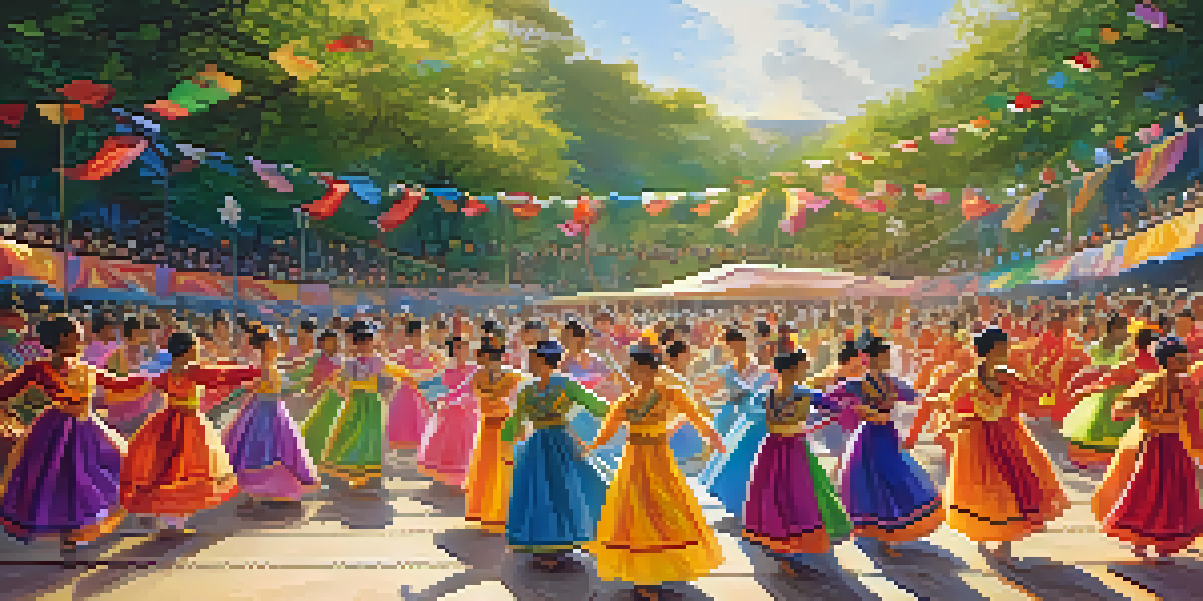 A lively outdoor dance festival with dancers in traditional costumes performing on stage, surrounded by cheering spectators and lush greenery under warm sunlight.