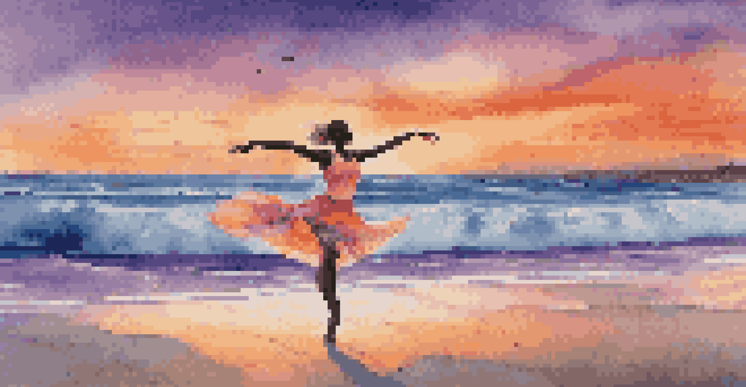 A dancer on a beach at sunset, with waves in the background and vibrant colors in the sky.
