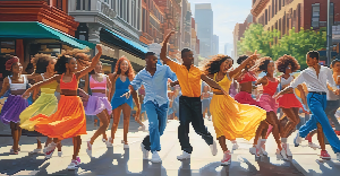 A lively urban scene with diverse dancers performing in front of colorful murals, capturing energy and joy.