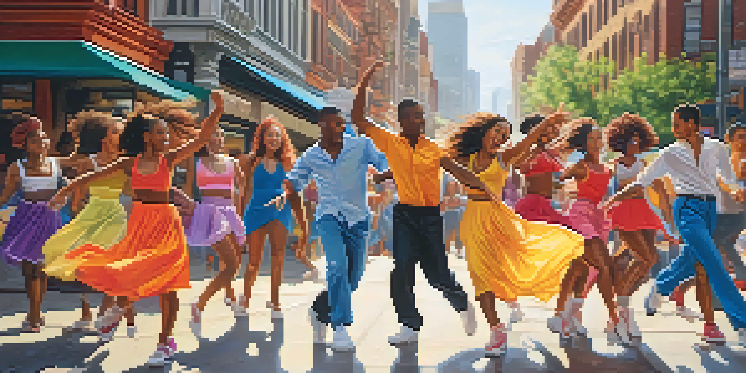 A lively urban scene with diverse dancers performing in front of colorful murals, capturing energy and joy.