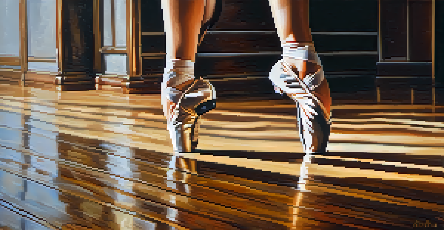 A close-up of a dancer's feet in motion on a polished wooden floor, showcasing dance shoes and the texture of the floor.
