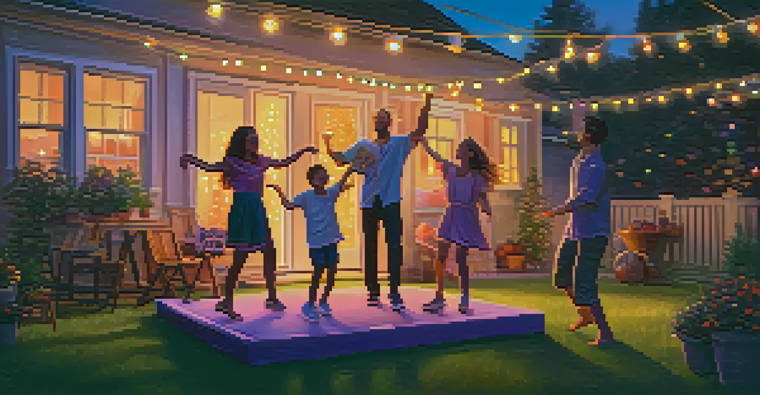 A family of four dancing together in a backyard during sunset, surrounded by colorful fairy lights.