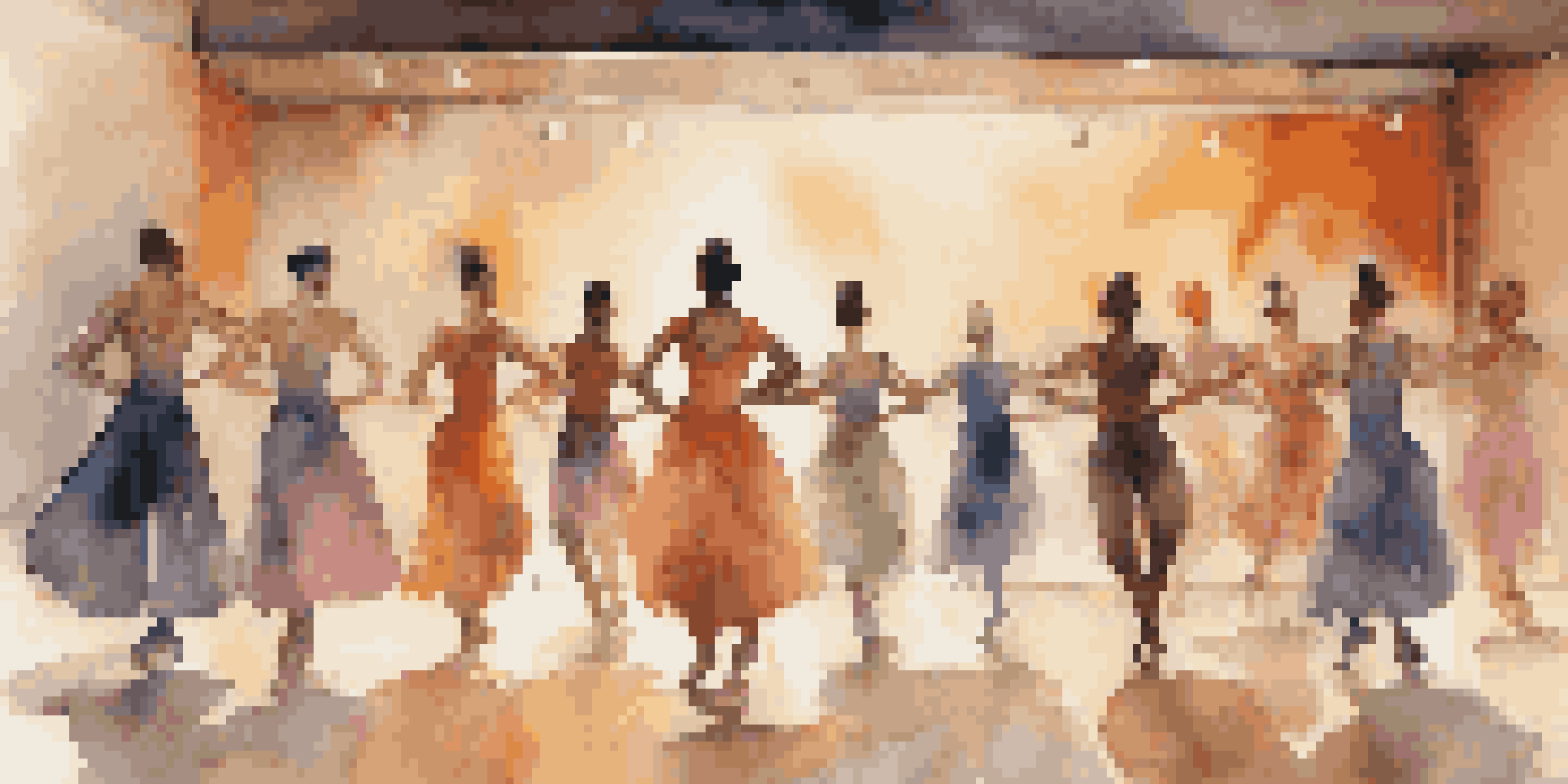A diverse group of dancers performing on stage, highlighting various gender identities with vibrant costumes and soft warm lighting.