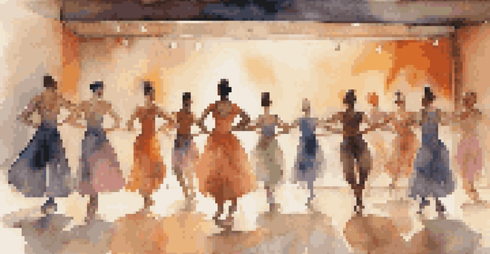 A diverse group of dancers performing on stage, highlighting various gender identities with vibrant costumes and soft warm lighting.