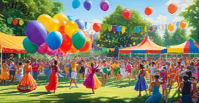A lively outdoor dance festival with diverse dancers in colorful costumes performing in a sunny park surrounded by trees and spectators.