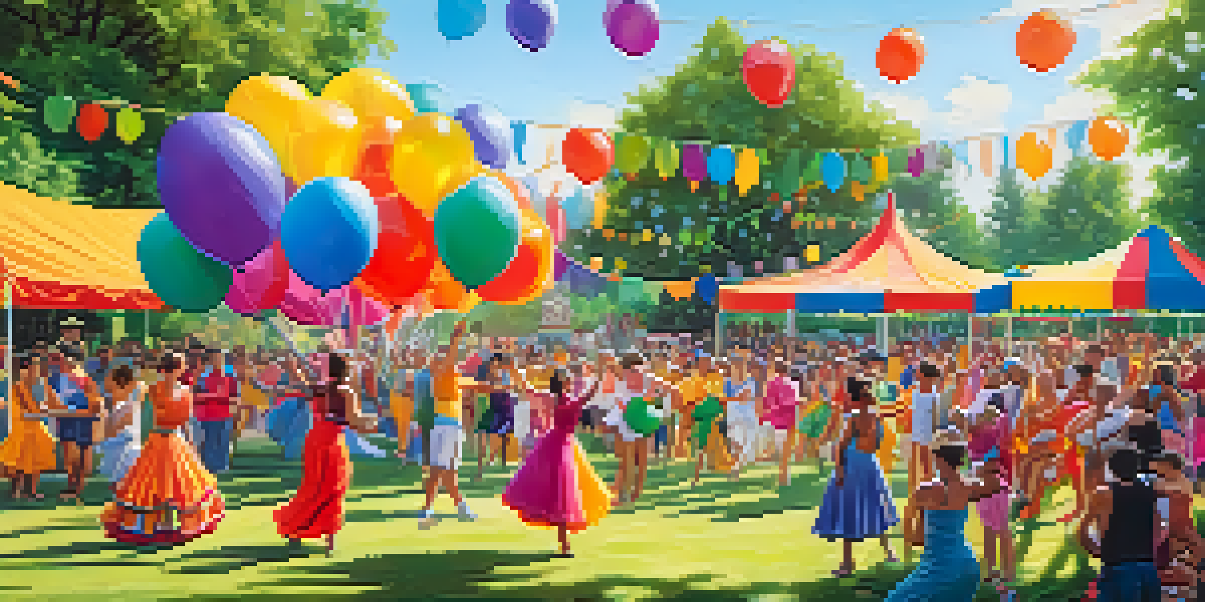 A lively outdoor dance festival with diverse dancers in colorful costumes performing in a sunny park surrounded by trees and spectators.