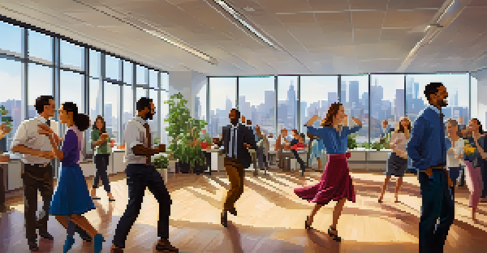 A diverse group of employees dancing joyfully in a bright office space, with large windows and city skyline in the background.