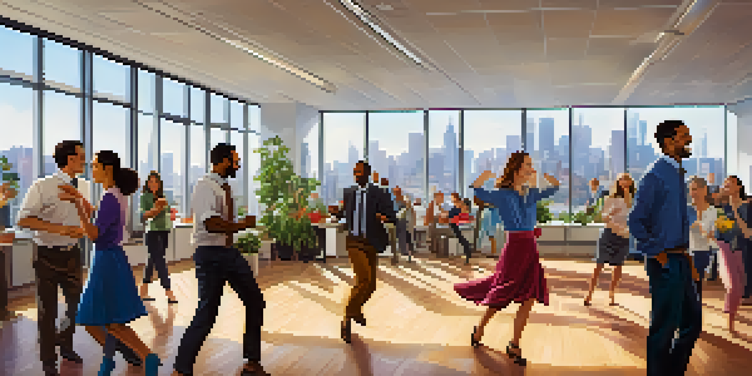 A diverse group of employees dancing joyfully in a bright office space, with large windows and city skyline in the background.