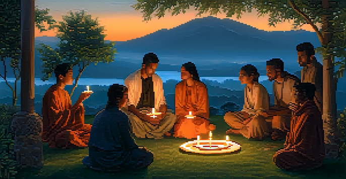 A diverse group of people in a circle holding candles at dusk, with warm candlelight illuminating their faces against a backdrop of greenery and a colorful sky.