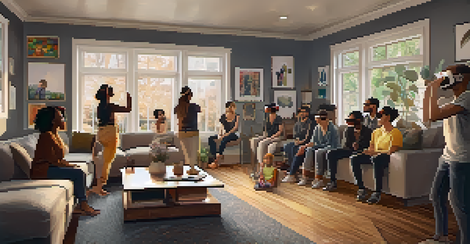 A group of people experiencing a virtual reality dance performance from home, each engaged with their own VR headset in a cozy living room.