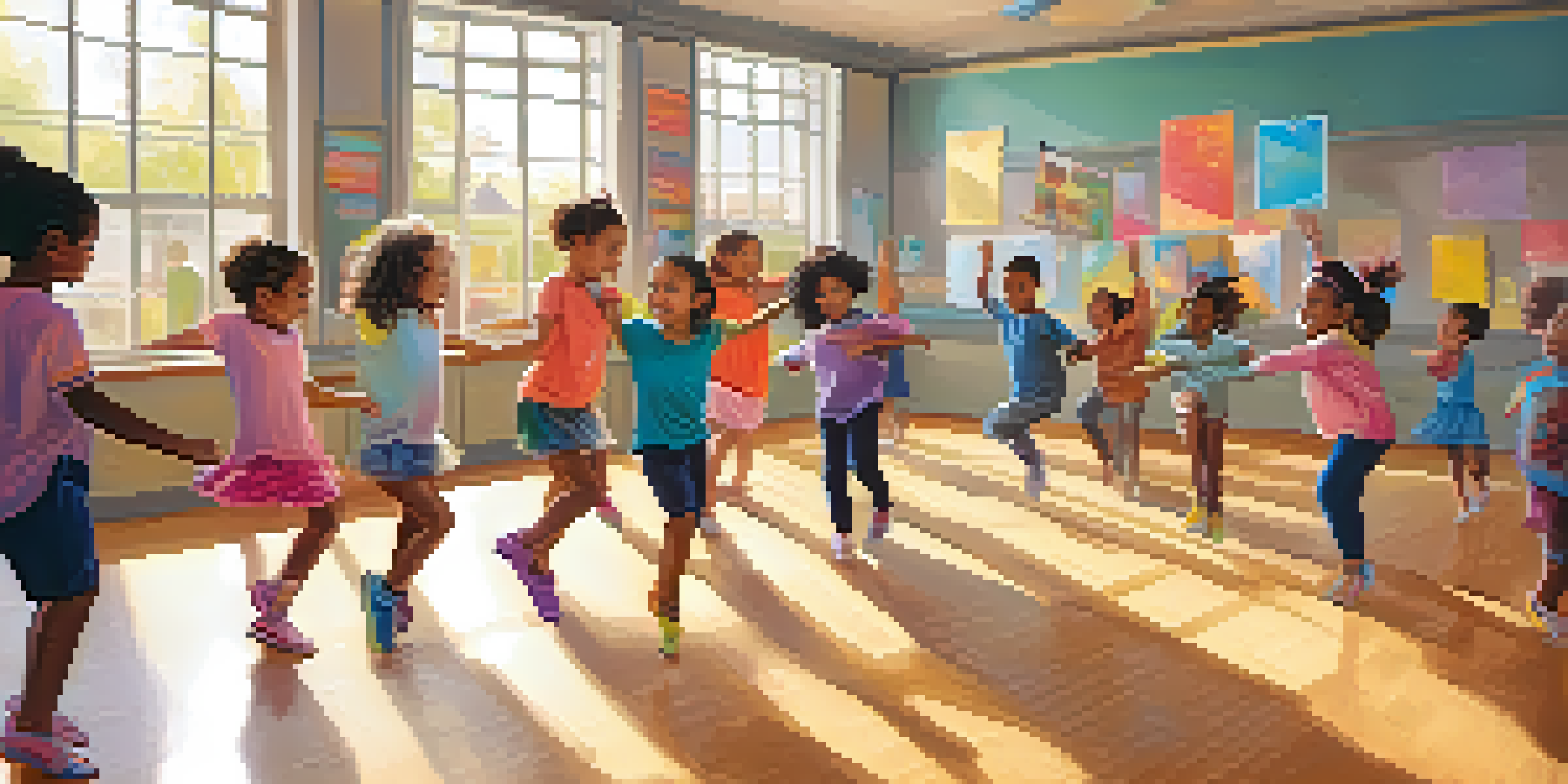 A lively dance class filled with diverse young children happily participating in a group dance, surrounded by colorful decorations and bright sunlight.