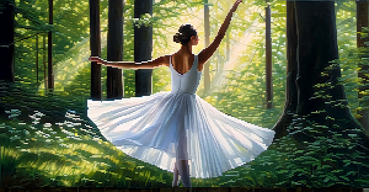 A ballerina in a forest clearing performing a pirouette, surrounded by greenery and sunlight.