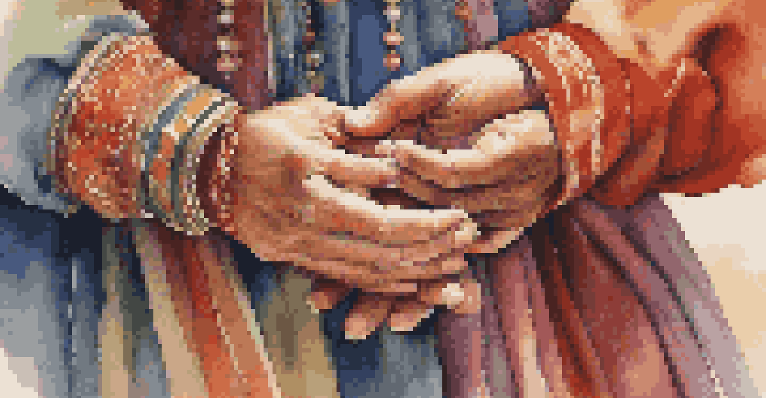 A close-up of hands gracefully performing movements in a traditional folk dance, highlighting the colorful textures of the costumes.