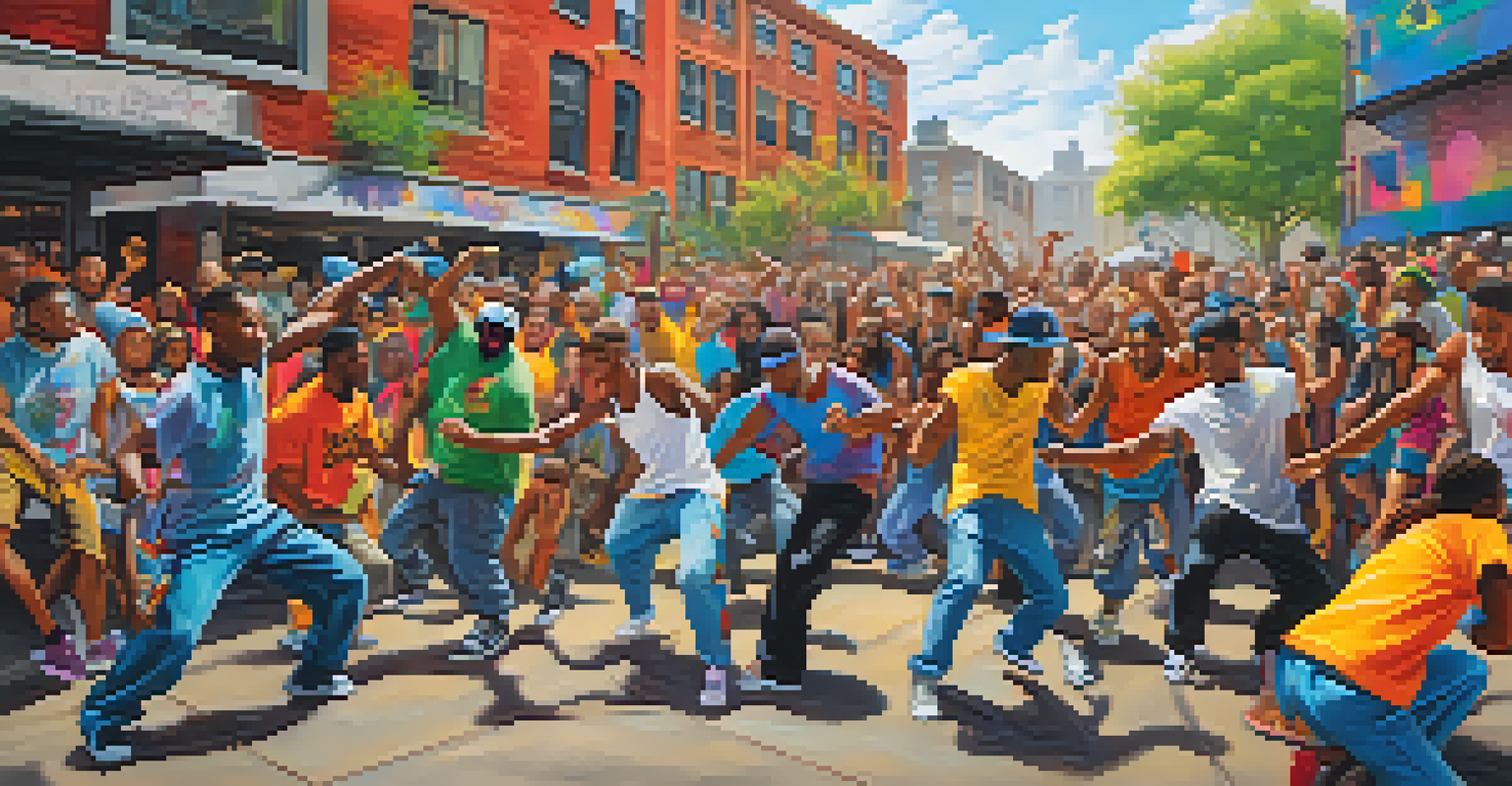 An urban hip-hop dance battle with dancers in dynamic poses and a crowd watching, surrounded by colorful graffiti art.