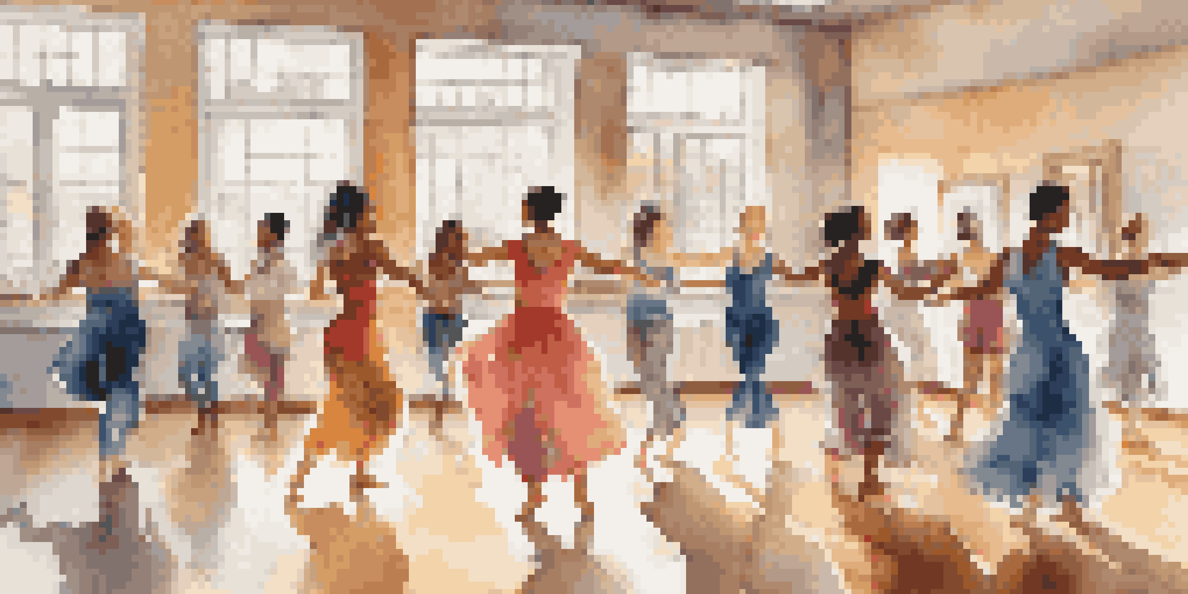 A group of diverse participants joyfully engaging in a dance therapy session in a sunlit studio, surrounded by colorful fabrics and mirrors.