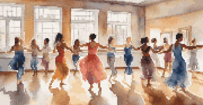 A group of diverse participants joyfully engaging in a dance therapy session in a sunlit studio, surrounded by colorful fabrics and mirrors.