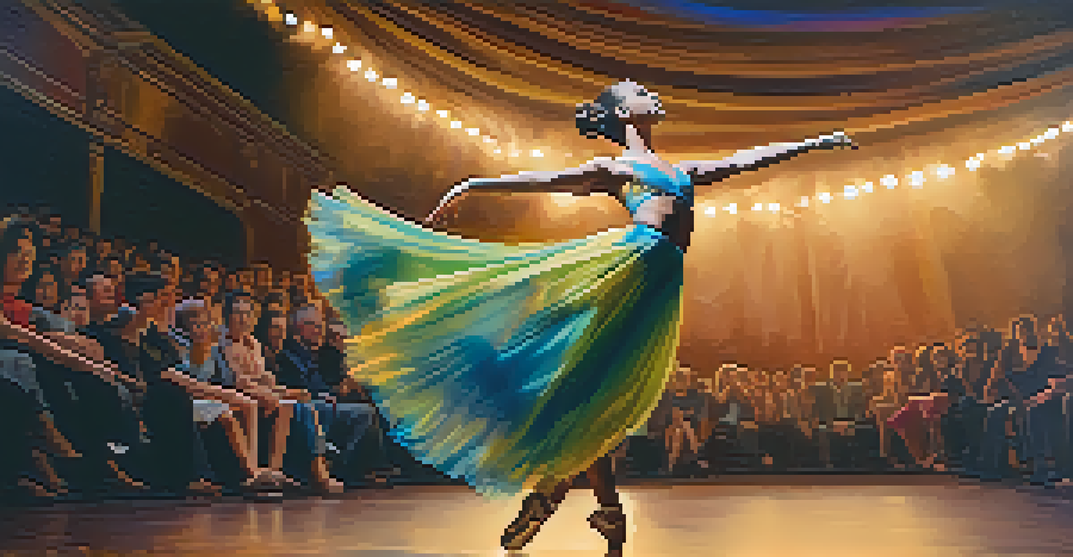 A dancer in a vibrant costume performing under warm stage lighting, with a blurred audience in the background.