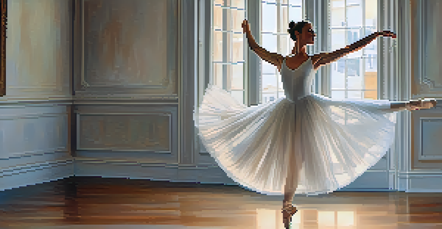 A close-up of a ballerina in a sunlit studio, performing a pirouette in a flowing white dress against a serene background.