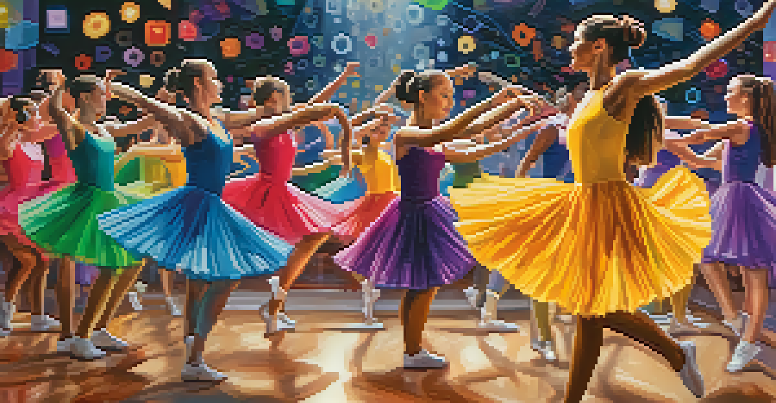 A smartphone screen displaying a vibrant social media feed with diverse dancers' performances, set against a creative workspace background.
