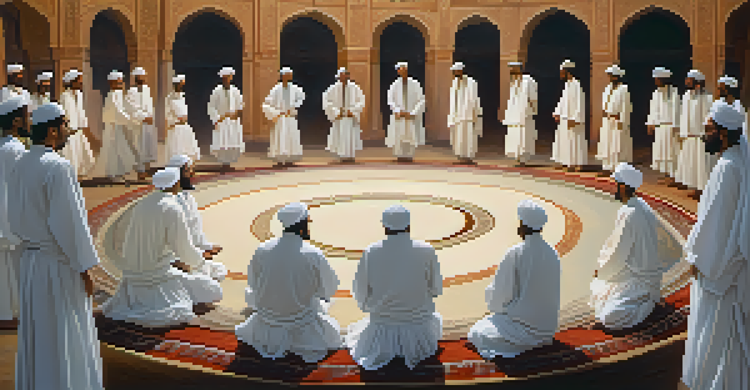 A group of Sufi dancers in white garments form a circle, surrounded by musical instruments, with soft lighting creating a sense of unity and spirituality.