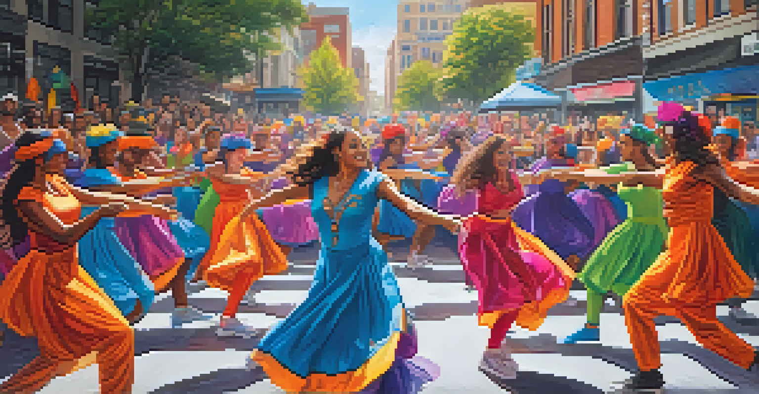 Dancers in colorful costumes performing in the street to raise mental health awareness, with an engaged audience around them.