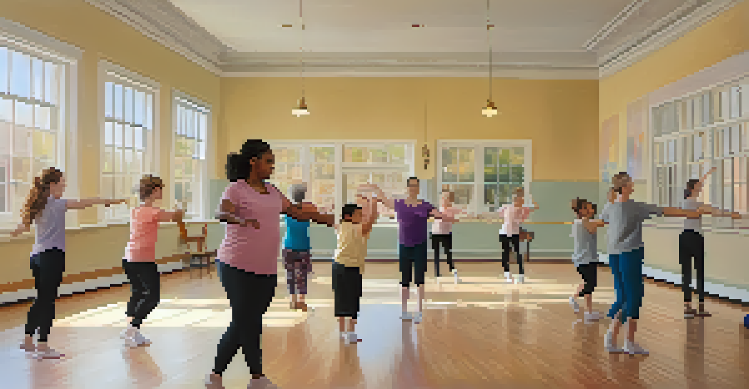 An inclusive dance class where diverse employees are joyfully following the instructor's moves in a bright and spacious room.