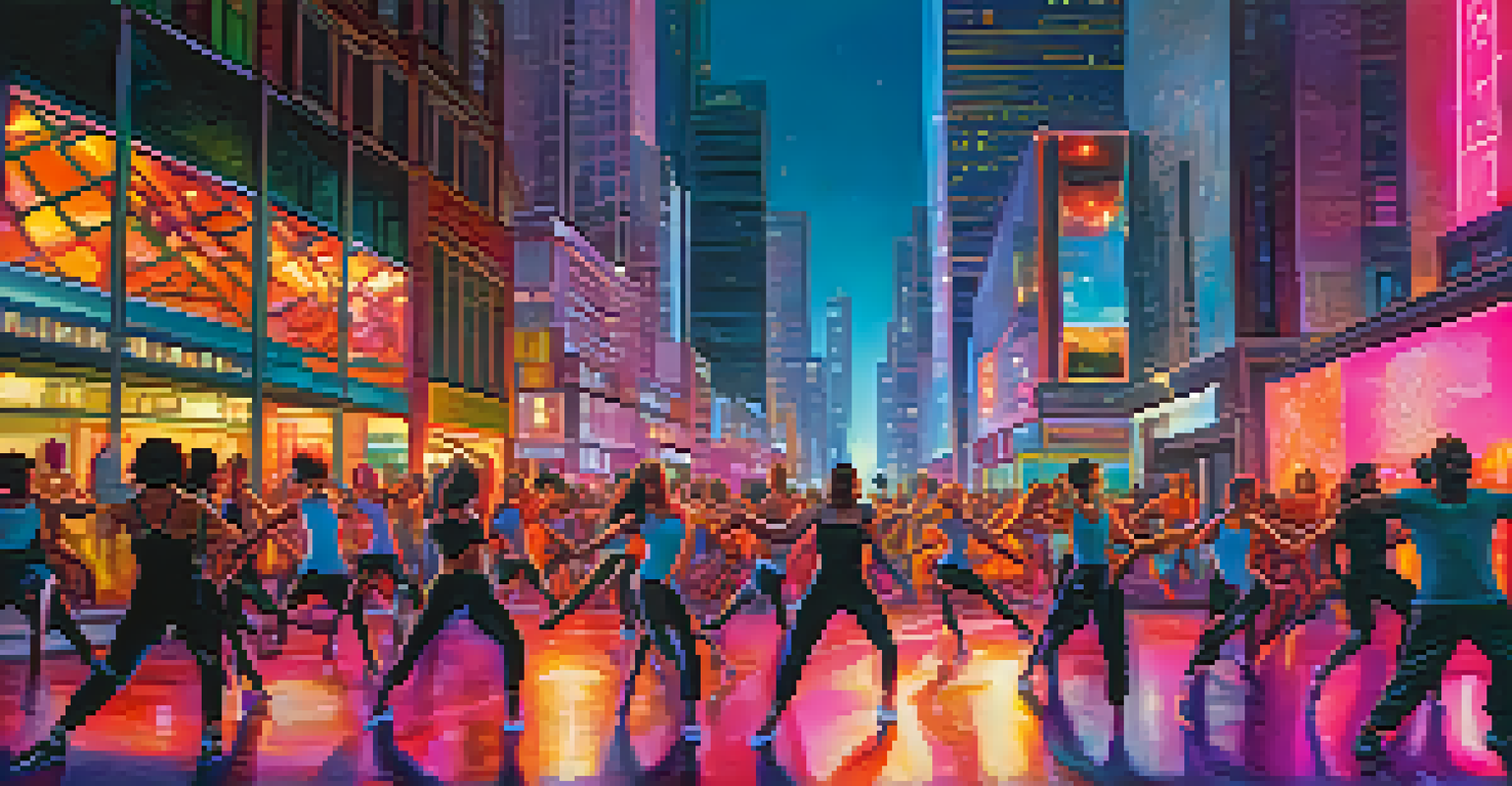 A group of dancers performing in a lively urban environment at dusk, surrounded by neon lights and skyscrapers, capturing the dynamic contrast between city life and dance.