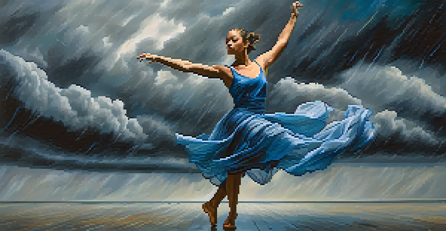 A contemporary dancer performing under a stormy sky, with rain falling and swirling clouds, showcasing powerful movement.